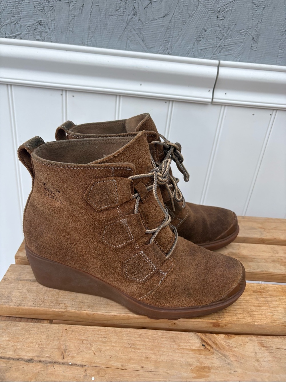 Sorel Brown Suede Lace-Up Wedge Ankle Booties